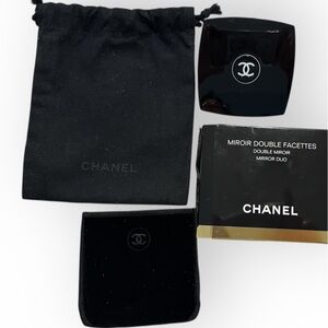 NIB CHANEL Black Compact Dual Mirror Blk Drawstring Logo Pouch Dustbag 4 ITEMS